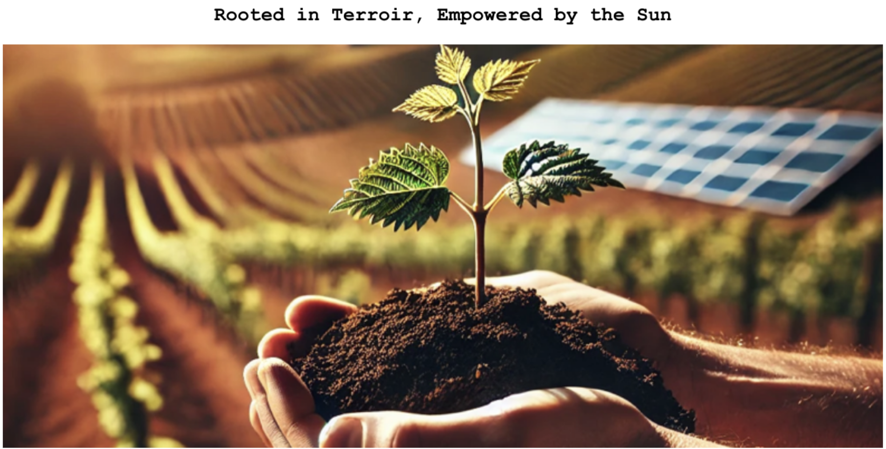 Hands holding a small grapevine plant with soil, set against a vineyard with solar panels in the background. Text above reads “Rooted in Terroir, Empowered by the Sun.”